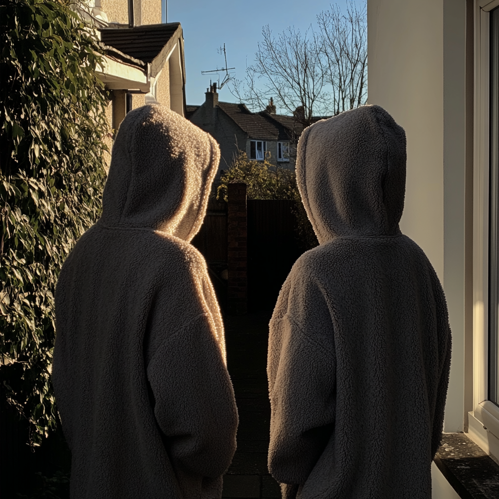 Deux personnes en sweat à capuche quittent la maison | Source : Midjourney