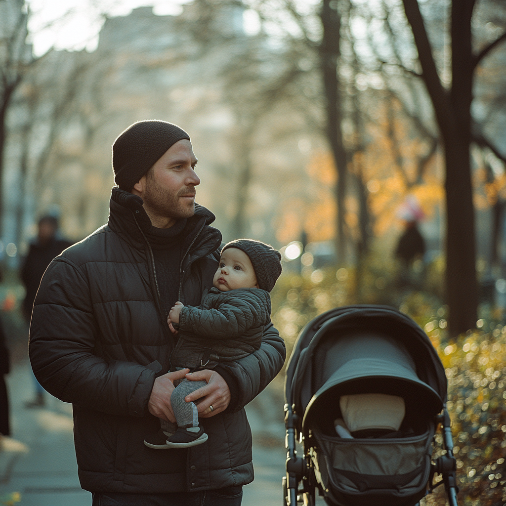 A man carrying a baby | Source: Midjourney