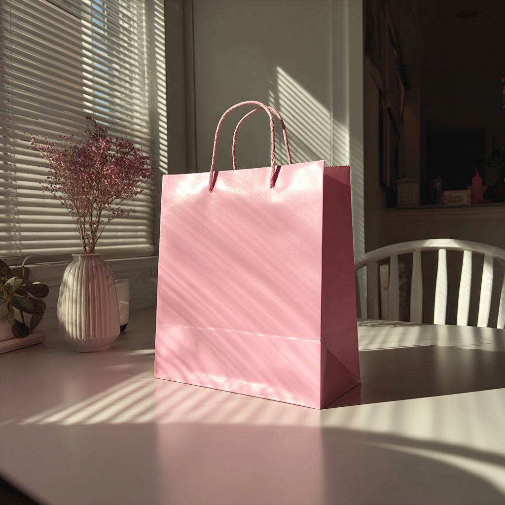 Un sac cadeau rose sur une table | Source : Midjourney
