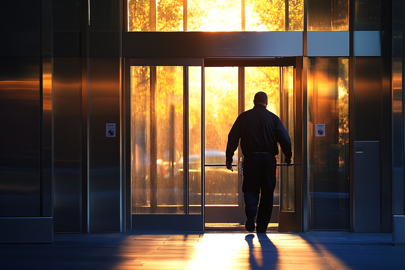 Un homme sortant d'un immeuble de bureaux | Source : Midjourney