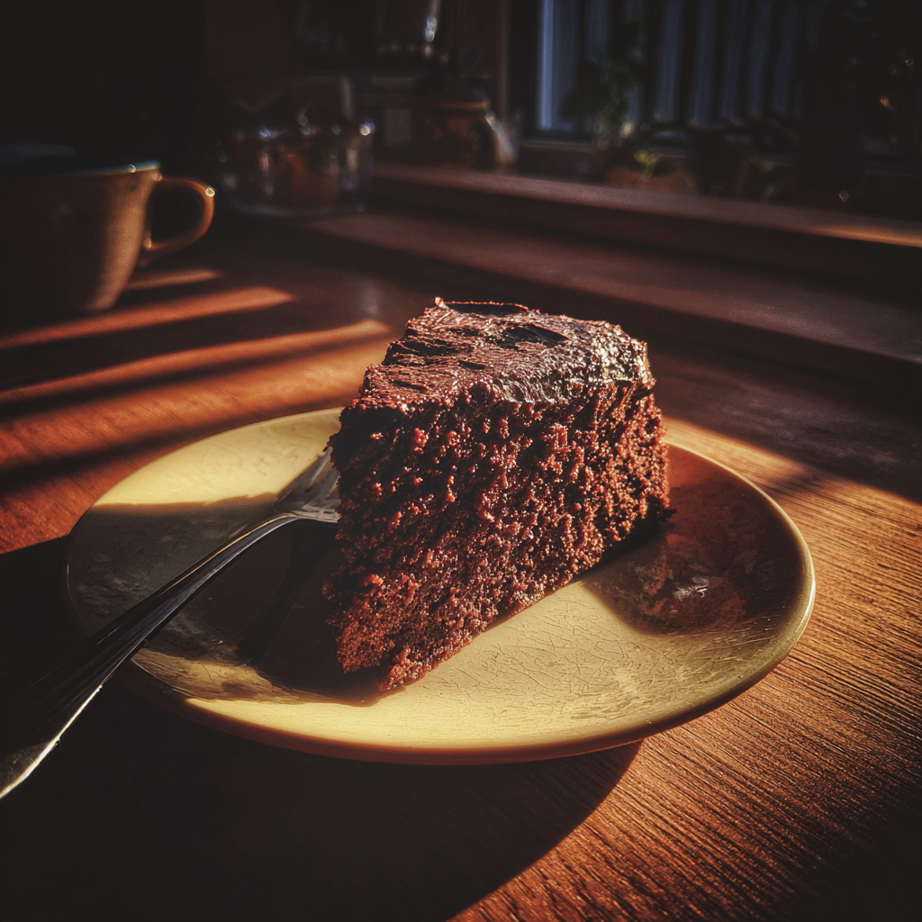 Une tranche de gâteau au chocolat sur une table | Source : Midjourney