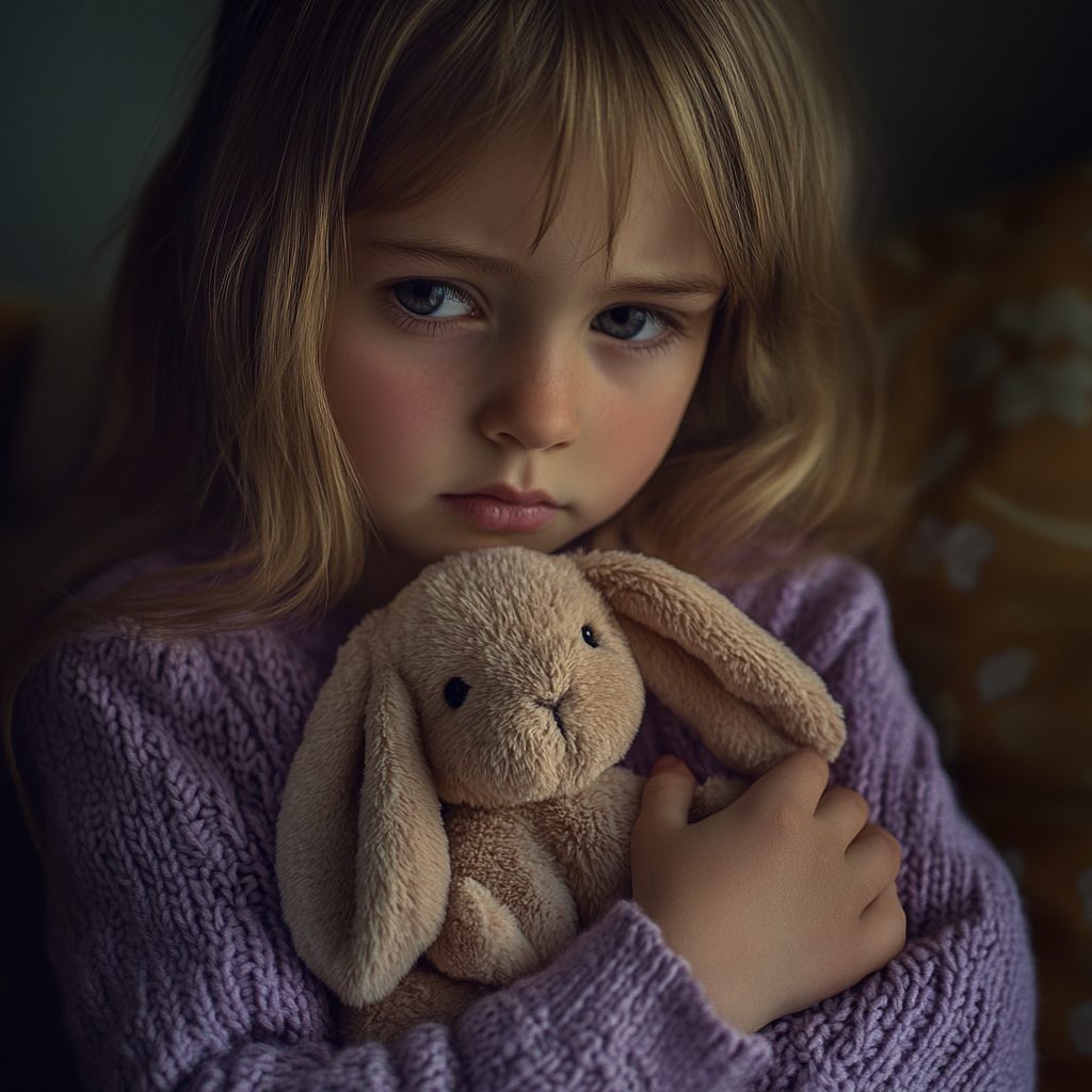 Une petite fille triste tenant un lapin en peluche | Source : Midjourney