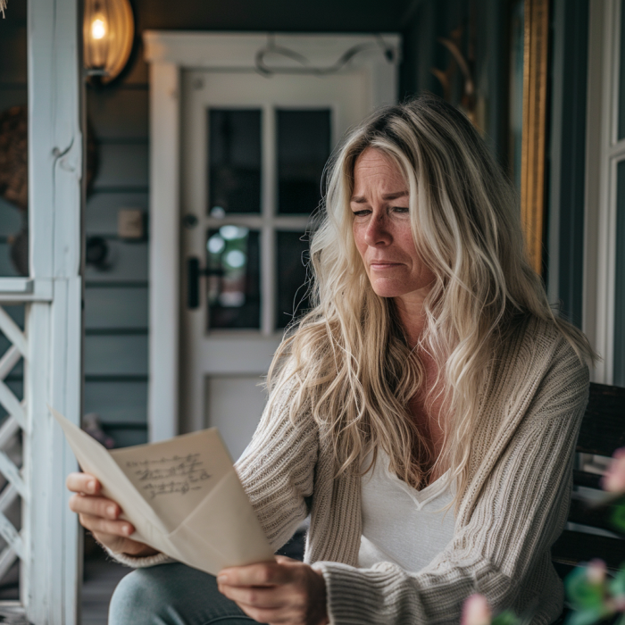 Une femme s'émeut en lisant une lettre | Source : Midjourney