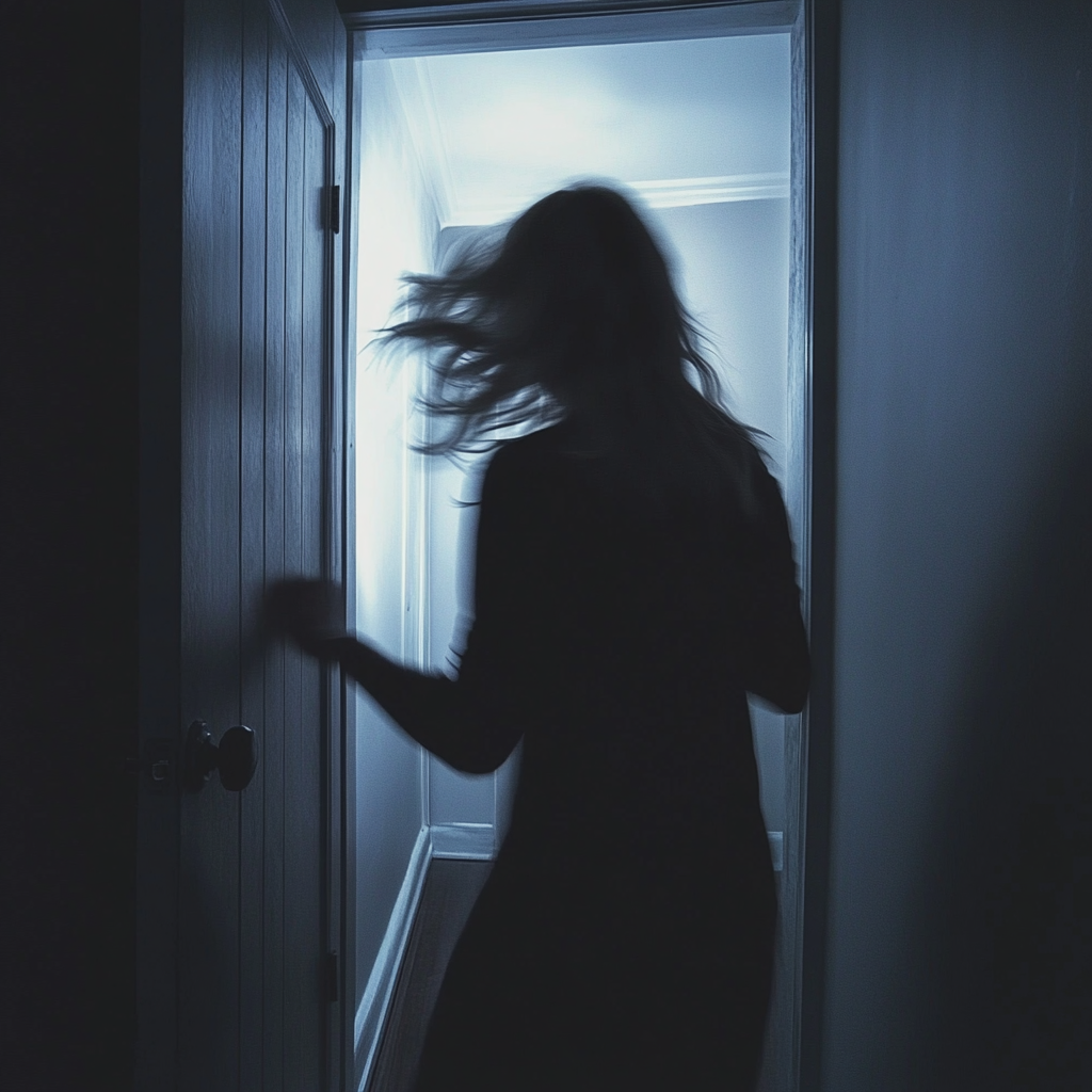 A woman frantically bangs on the closed door | Source: Midjourney