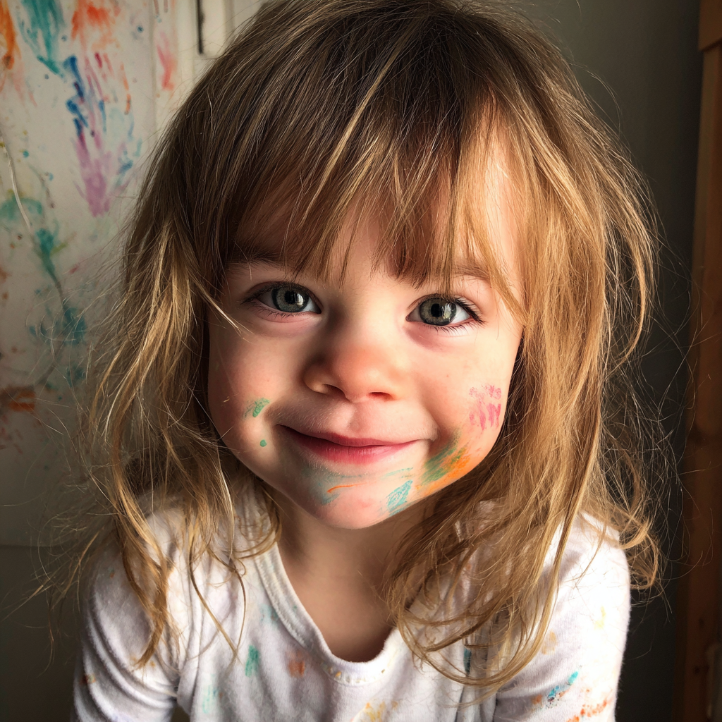 Une petite fille souriante avec de la peinture sur le visage | Source : Midjourney