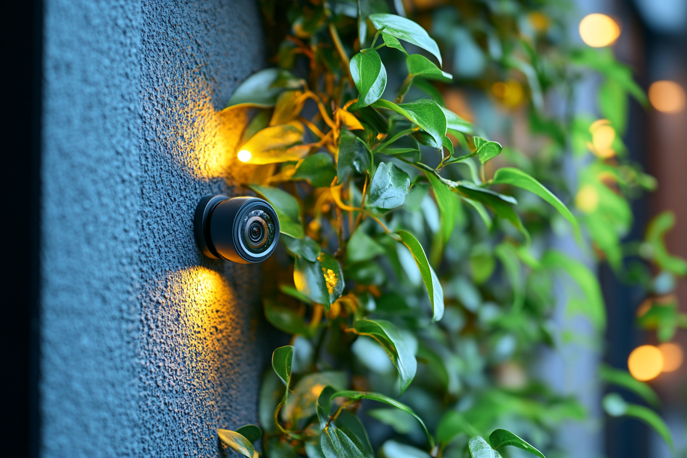 Une minuscule caméra installée sur le mur près d'une plante | Source : Midjourney