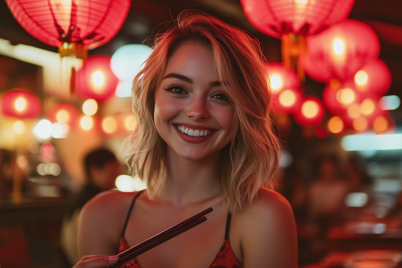 Une femme qui sourit avec des baguettes dans la main | Source : Midjourney