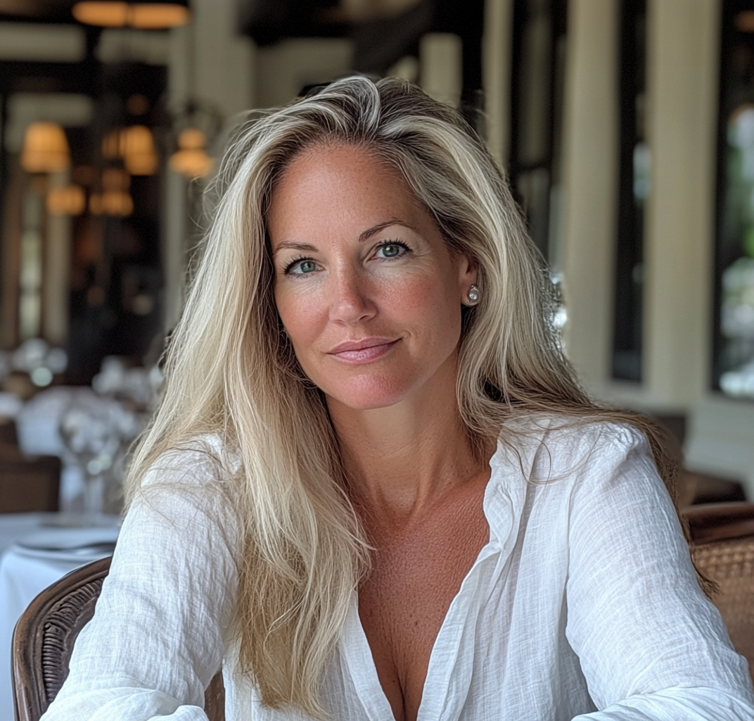 Une femme souriante assise à une table | Source : Midjourney