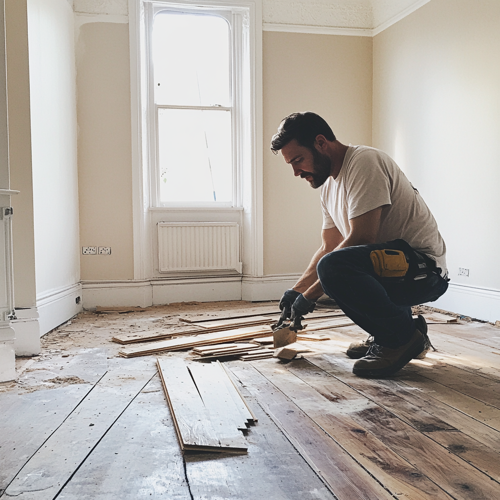 Un homme en train de retirer les vieilles planches de parquet | Source : Midjourney