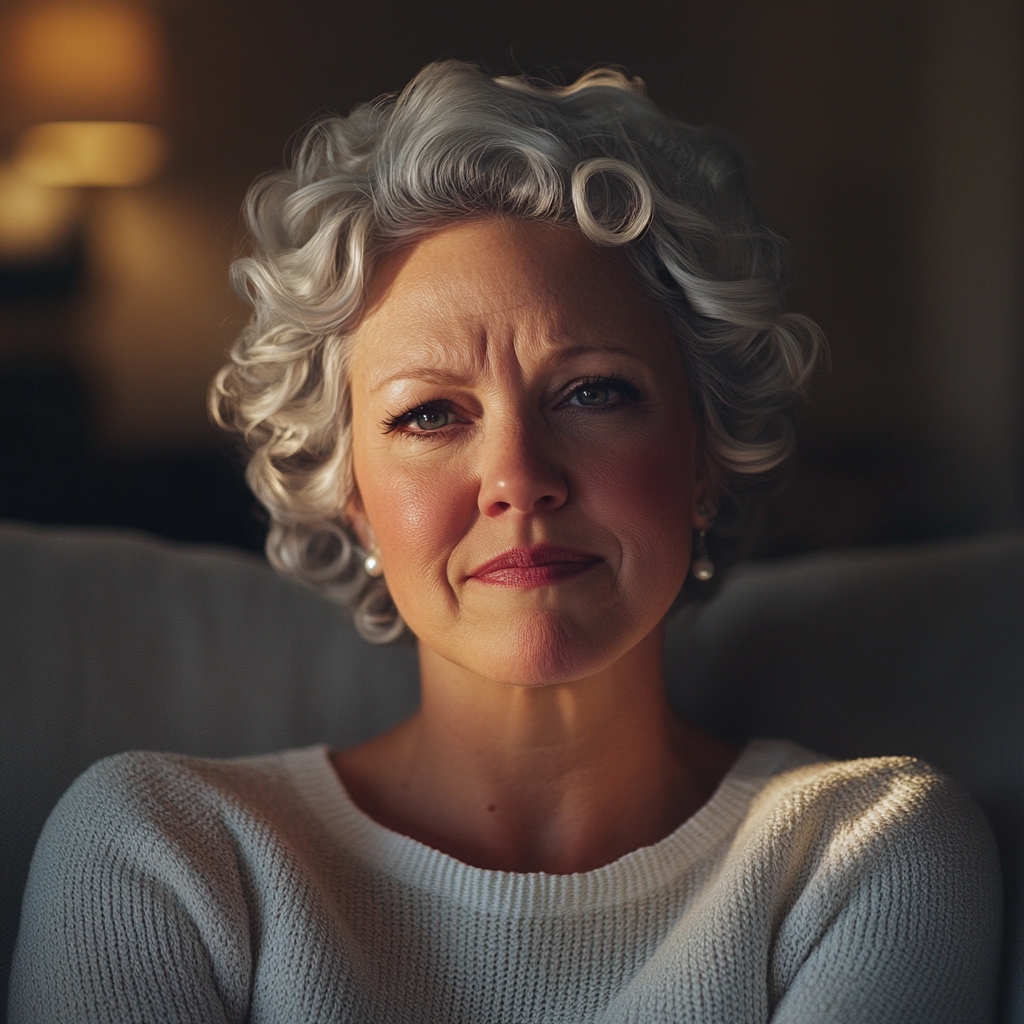 Une femme âgée souriante assise sur le canapé | Source : Midjourney