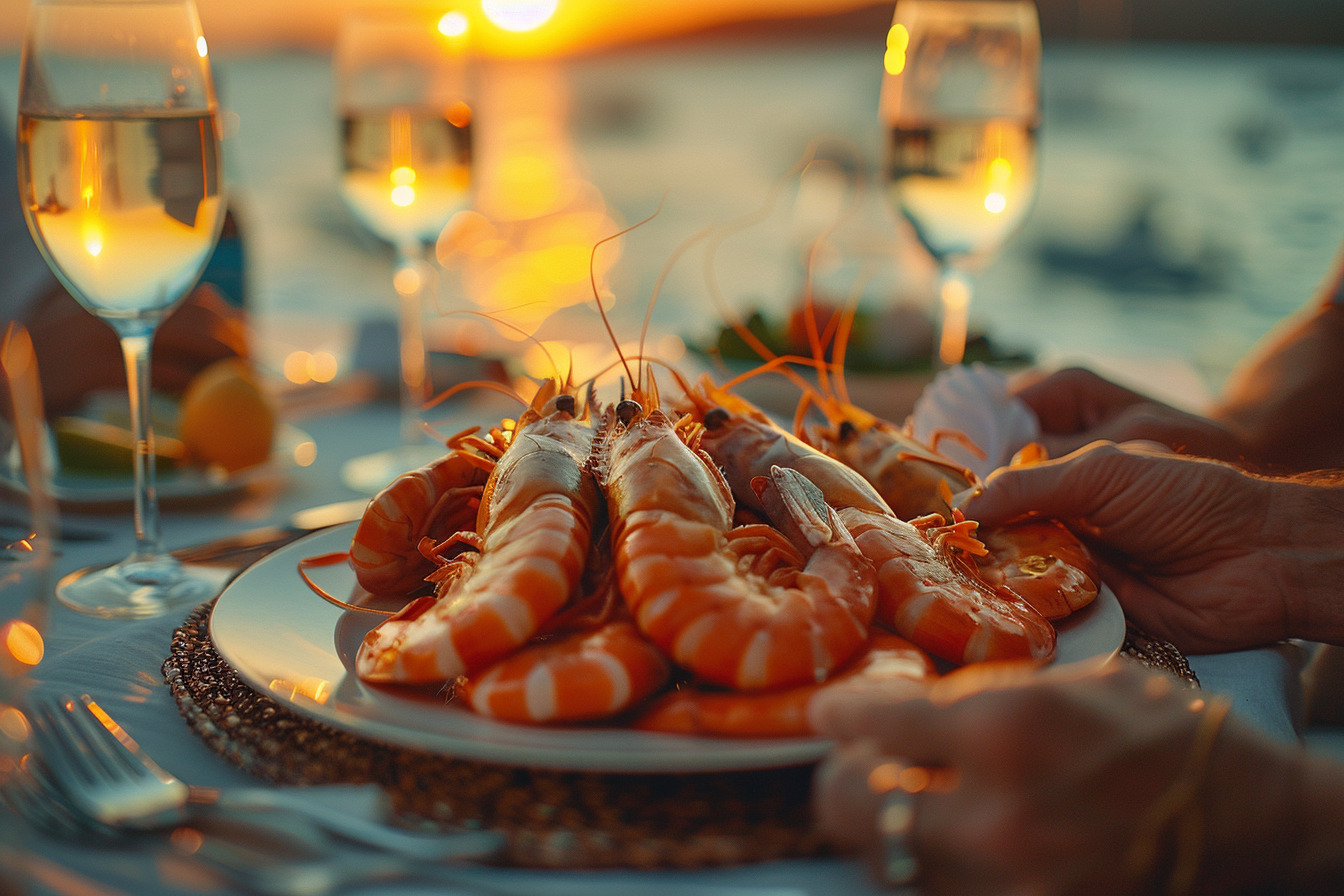 Une assiette de fruits de mer avec en toile de fond une belle station balnéaire | Source : Midjourney