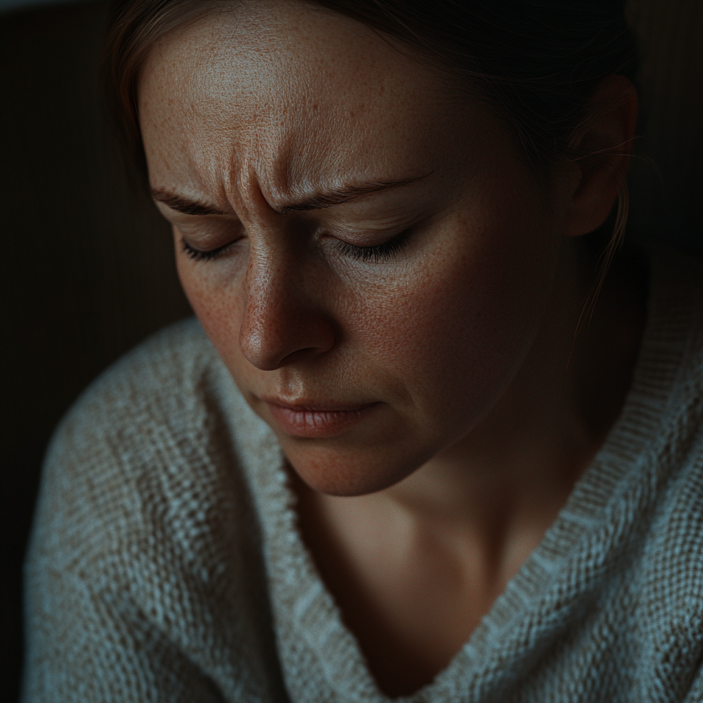 Une femme aux yeux fermés dans l'inquiétude | Source : Midjourney