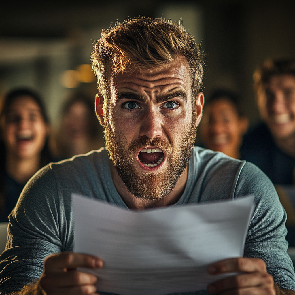 Un homme béant de stupeur alors qu'il tient des papiers | Source : Midjourney