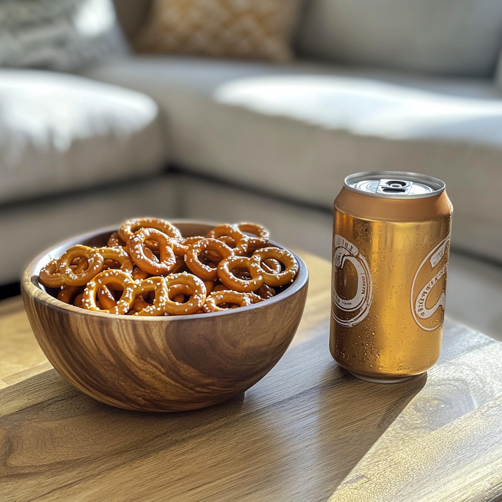 Bière et bretzels sur une table basse | Source : Midjourney