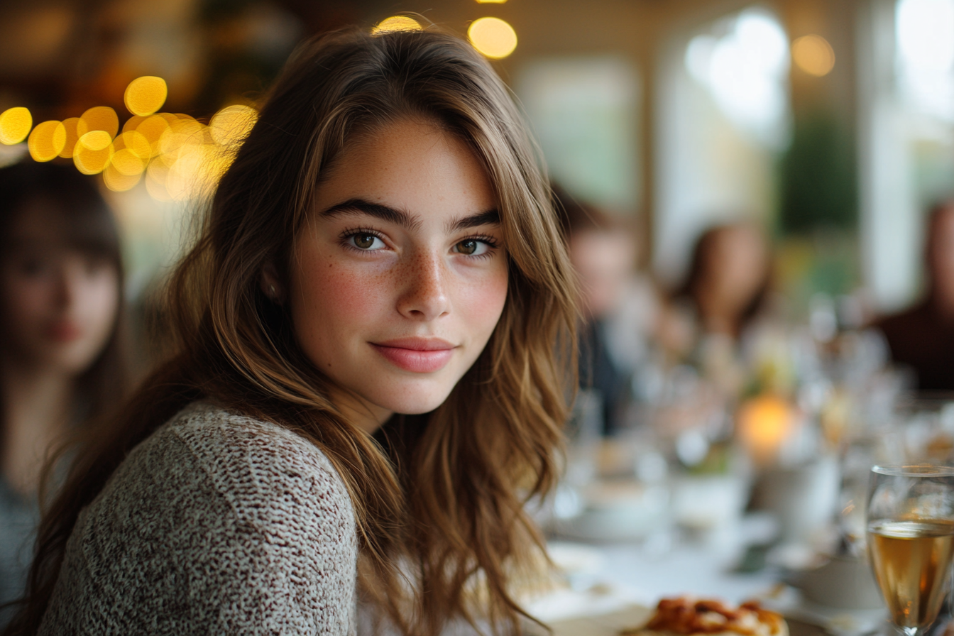 Une femme assise à la table à manger parmi les membres de sa famille | Source : Midjourney