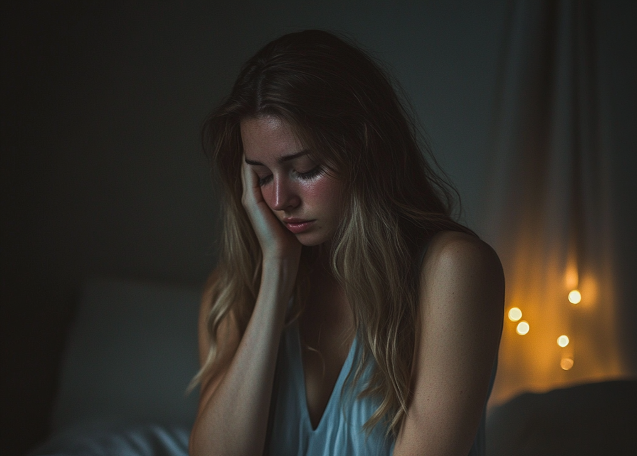 Une femme bouleversée assise sur un lit | Source : Midjourney