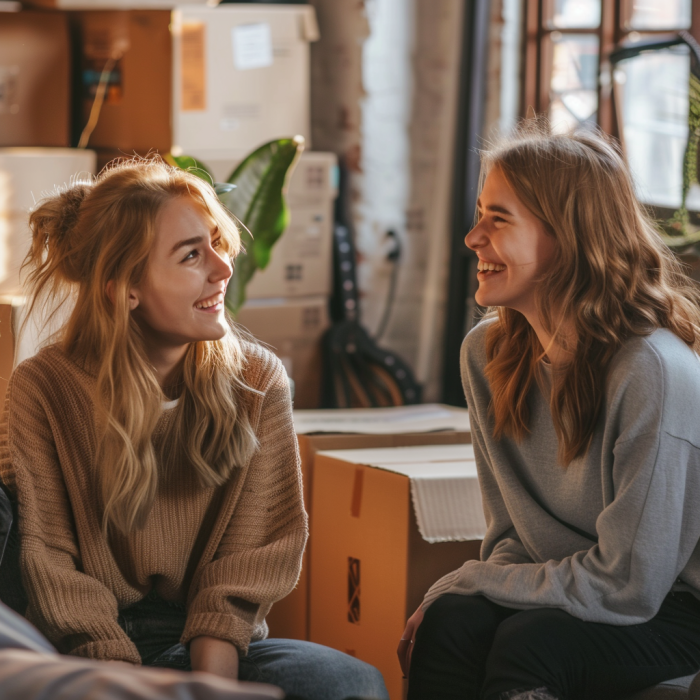 Deux femmes discutent alors qu'elles sont entourées de cartons déballés dans un appartement | Source : Midjourney