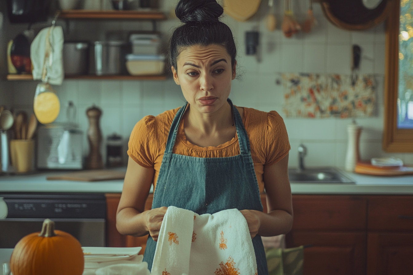 Une femme à l'air confus alors qu'elle s'essuie les mains sur un torchon à vaisselle | Source : Midjourney