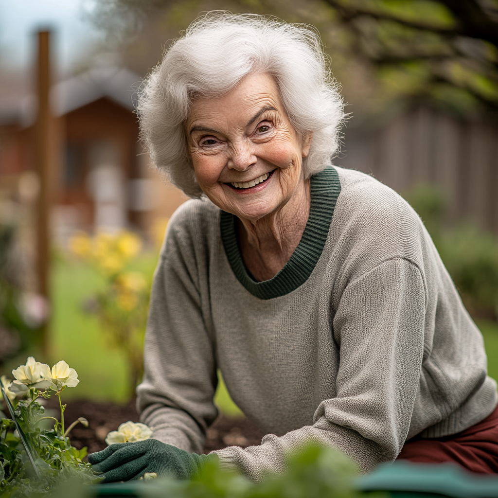 Une femme âgée heureuse qui plante des fleurs dans son jardin | Source : Midjourney