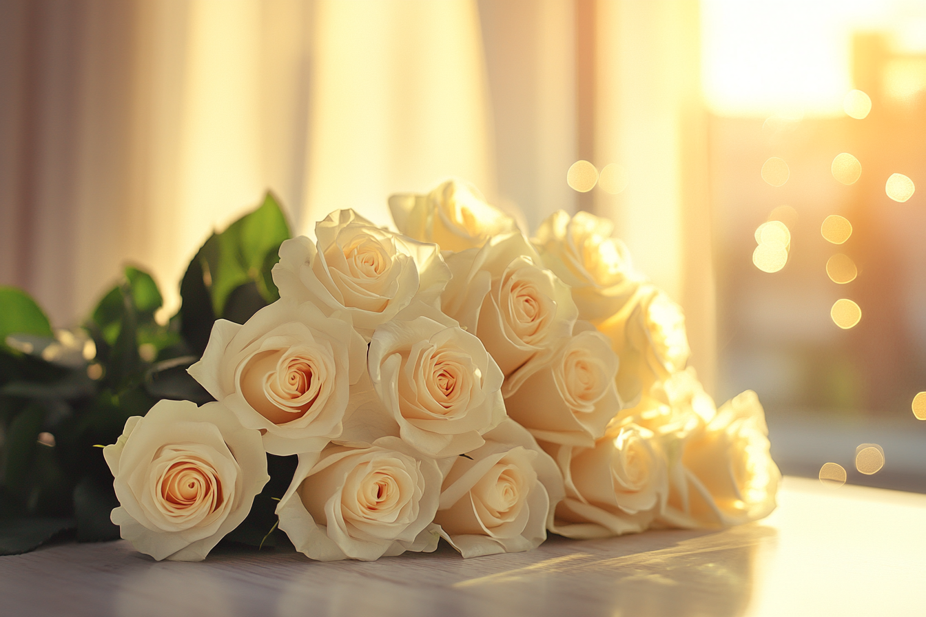 Un bouquet de roses blanches sur une table | Source : Midjourney