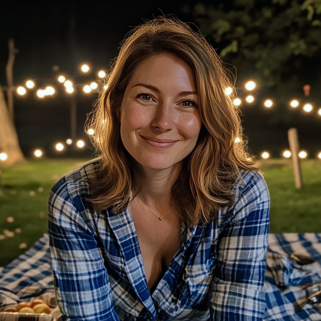 Une femme souriante assise à l'extérieur | Source : Midjourney