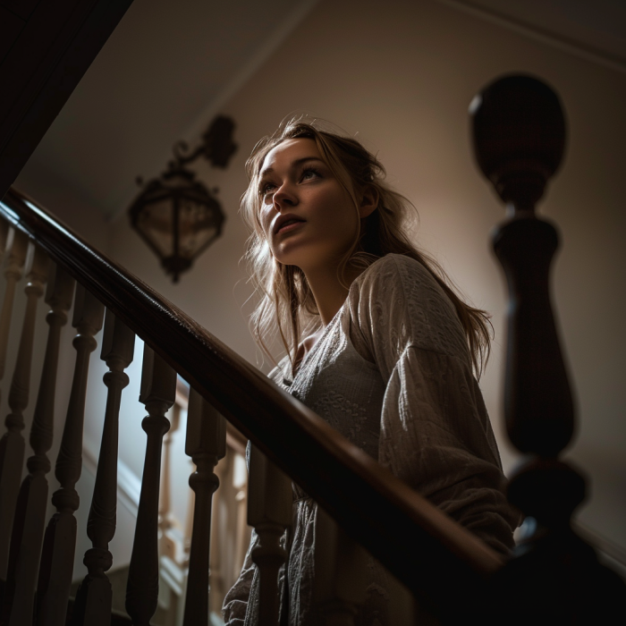 Une femme qui monte à l'étage dans une maison | Source : Midjourney
