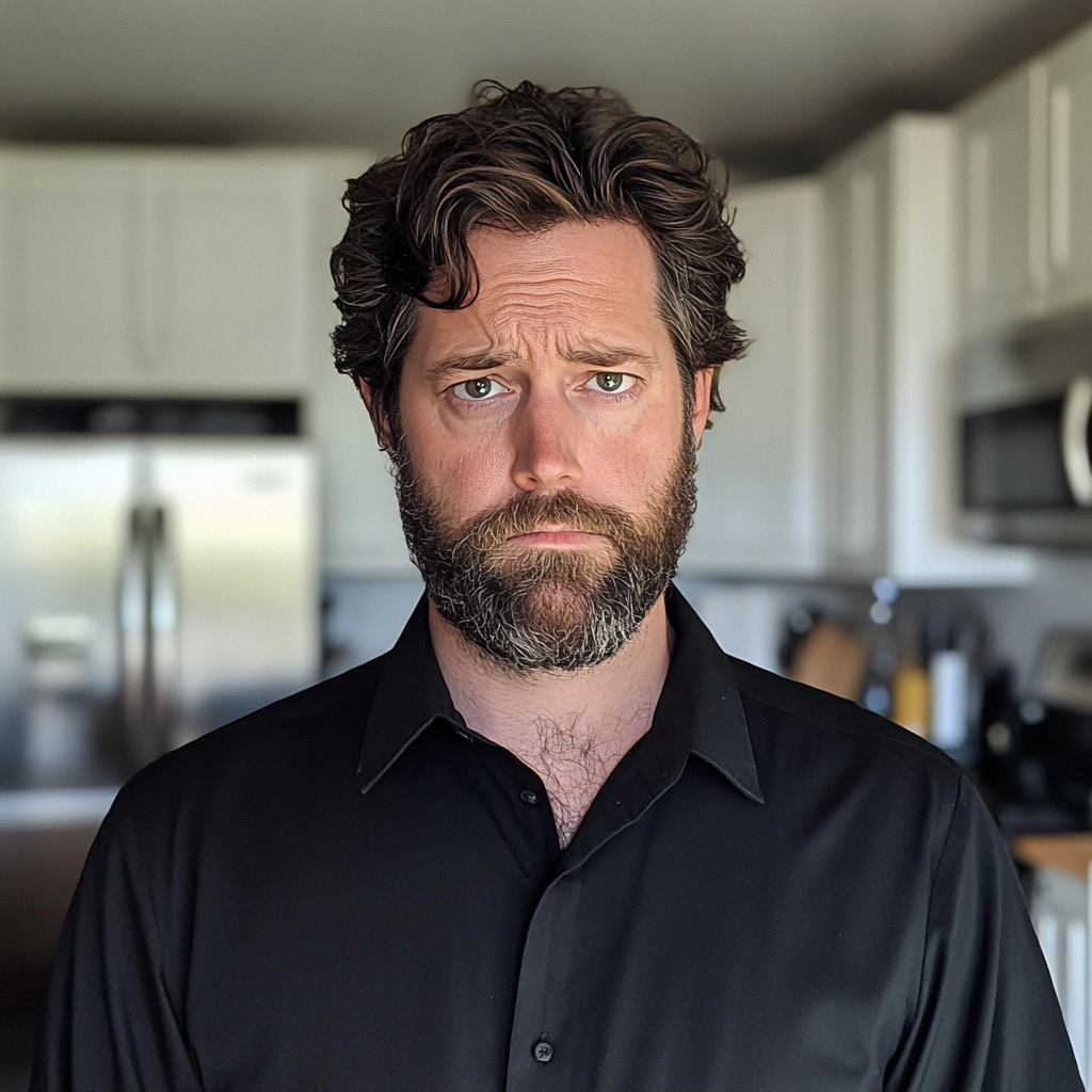 Un homme bouleversé debout dans une cuisine | Source : Midjourney