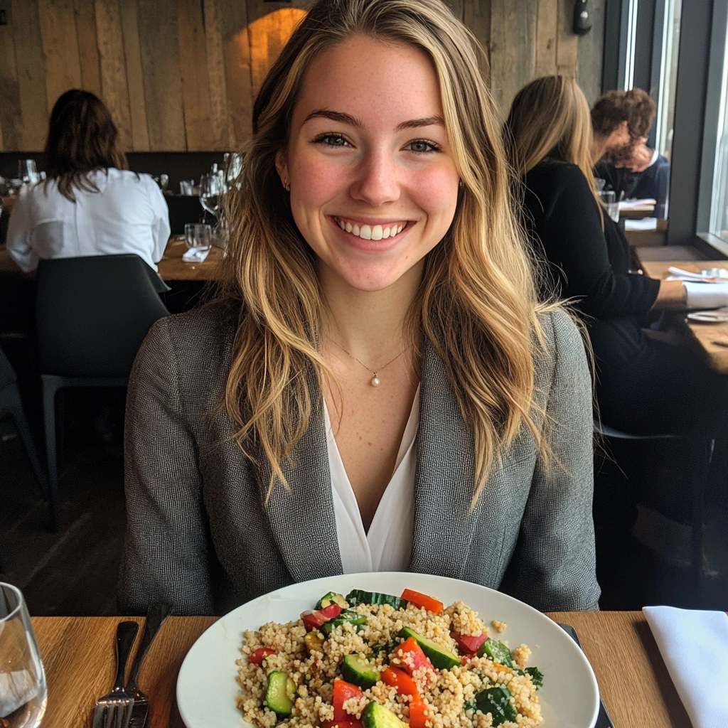 Une femme souriante assise dans un restaurant | Source : Midjourney