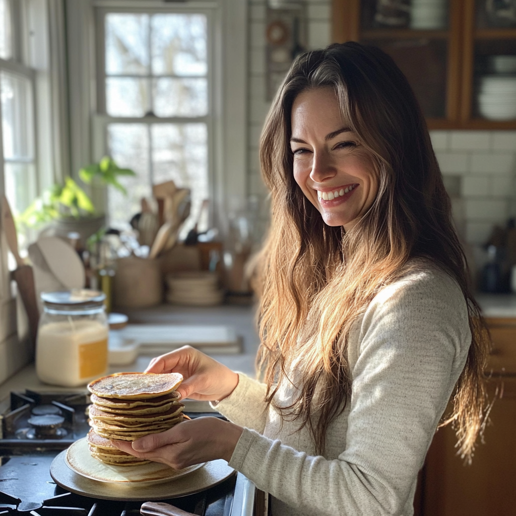 Une femme souriante avec une pile de crêpes | Source : Midjourney