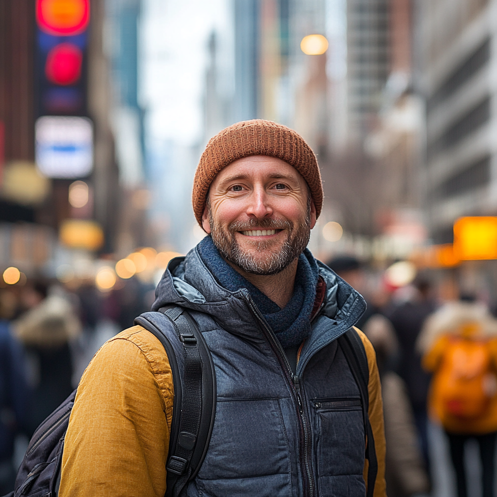 Un homme souriant se promenant dans une ville animée | Source : Midjourney