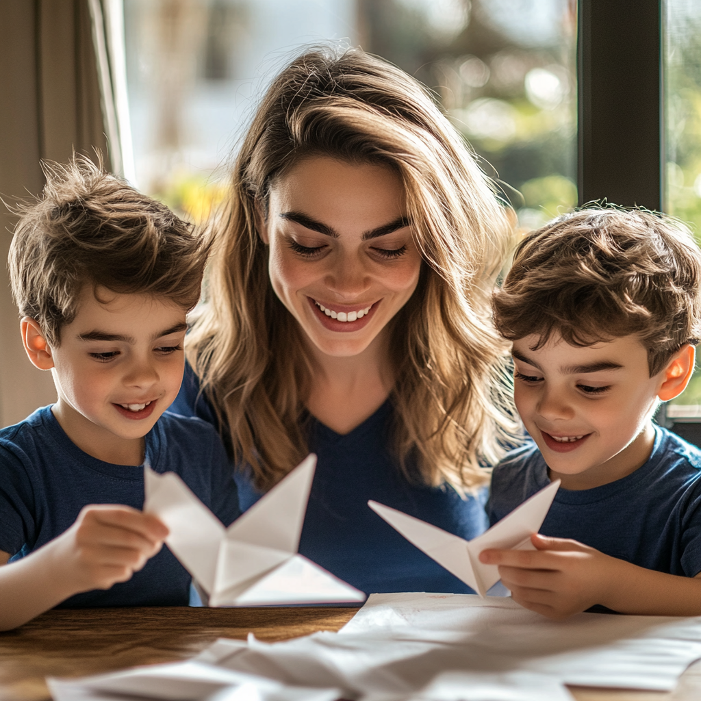 Une femme fabriquant des avions en papier avec ses fils | Source : Midjourney