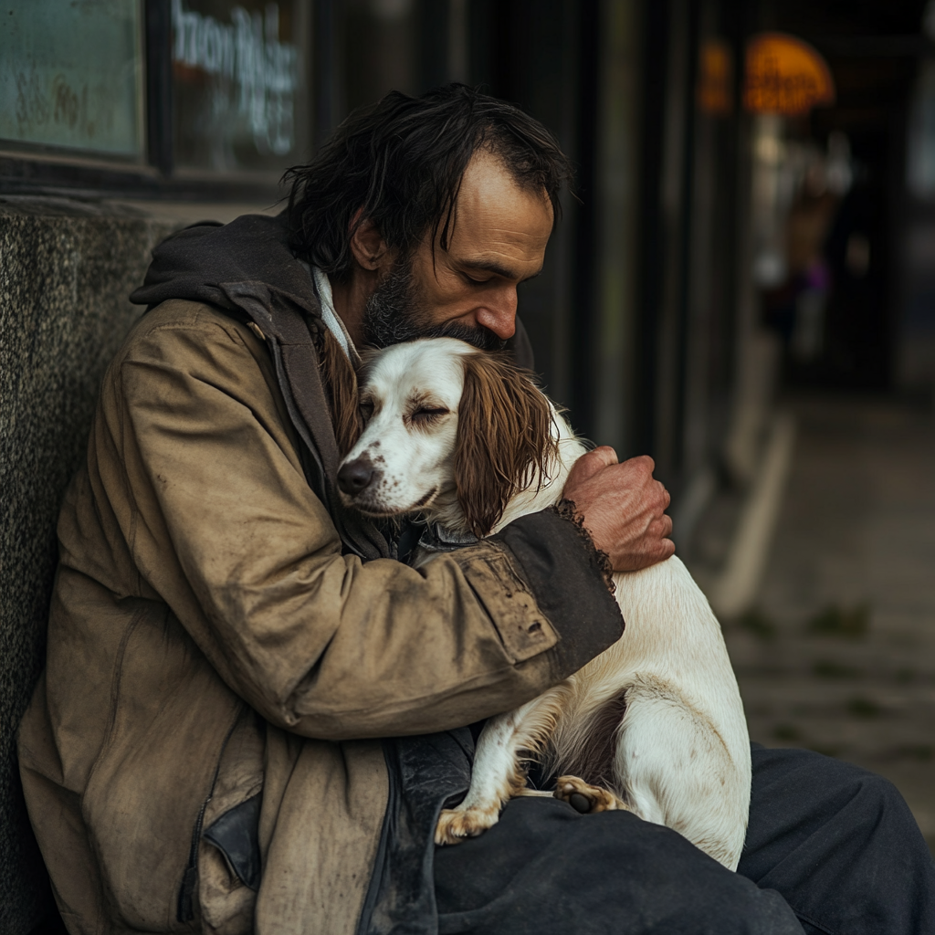 Un homme qui serre son chien dans ses bras | Source : Midjourney