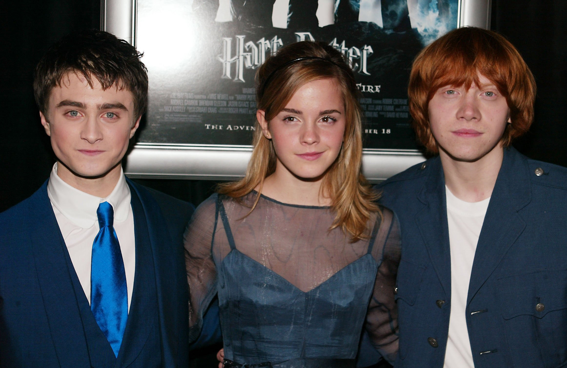 Daniel Radcliffe, Emma Watson et Rupert Grint à la première de "Harry Potter et la coupe de feu" à New York le 12 novembre 2005 | Source : Getty Images