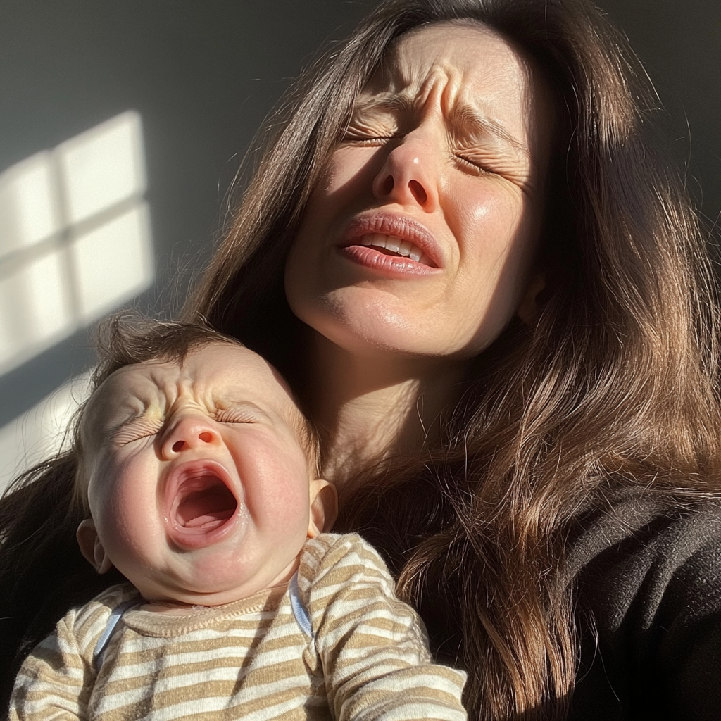 Une femme tenant un bébé en pleurs | Source : Midjourney