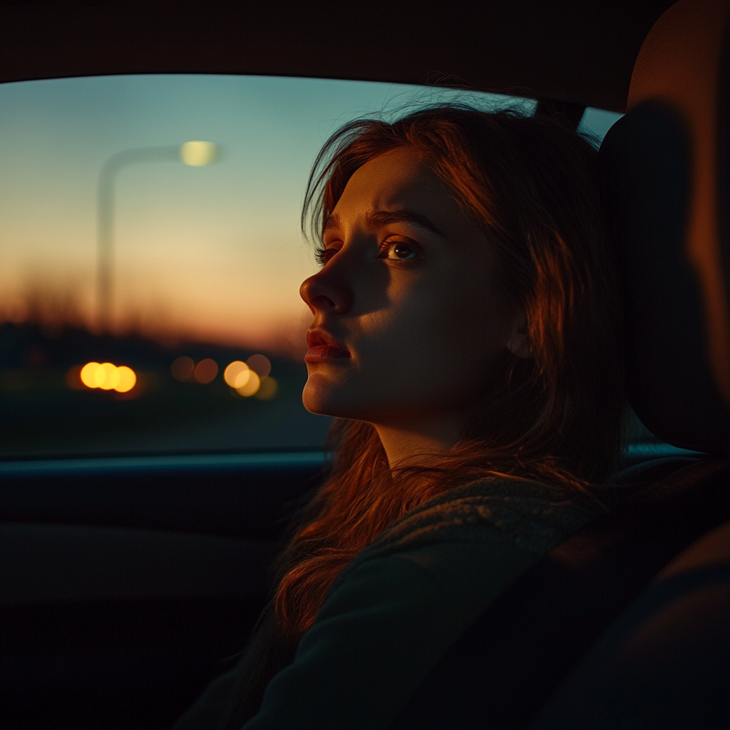 A sad woman in the passenger seat of a car | Source: Midjourney