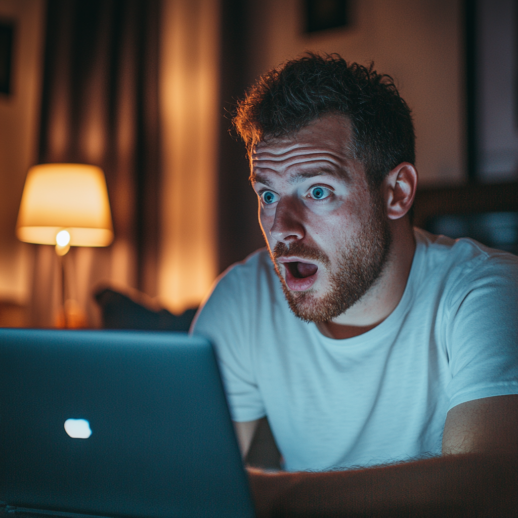 A shocked man looking at his laptop | Source: Midjourney