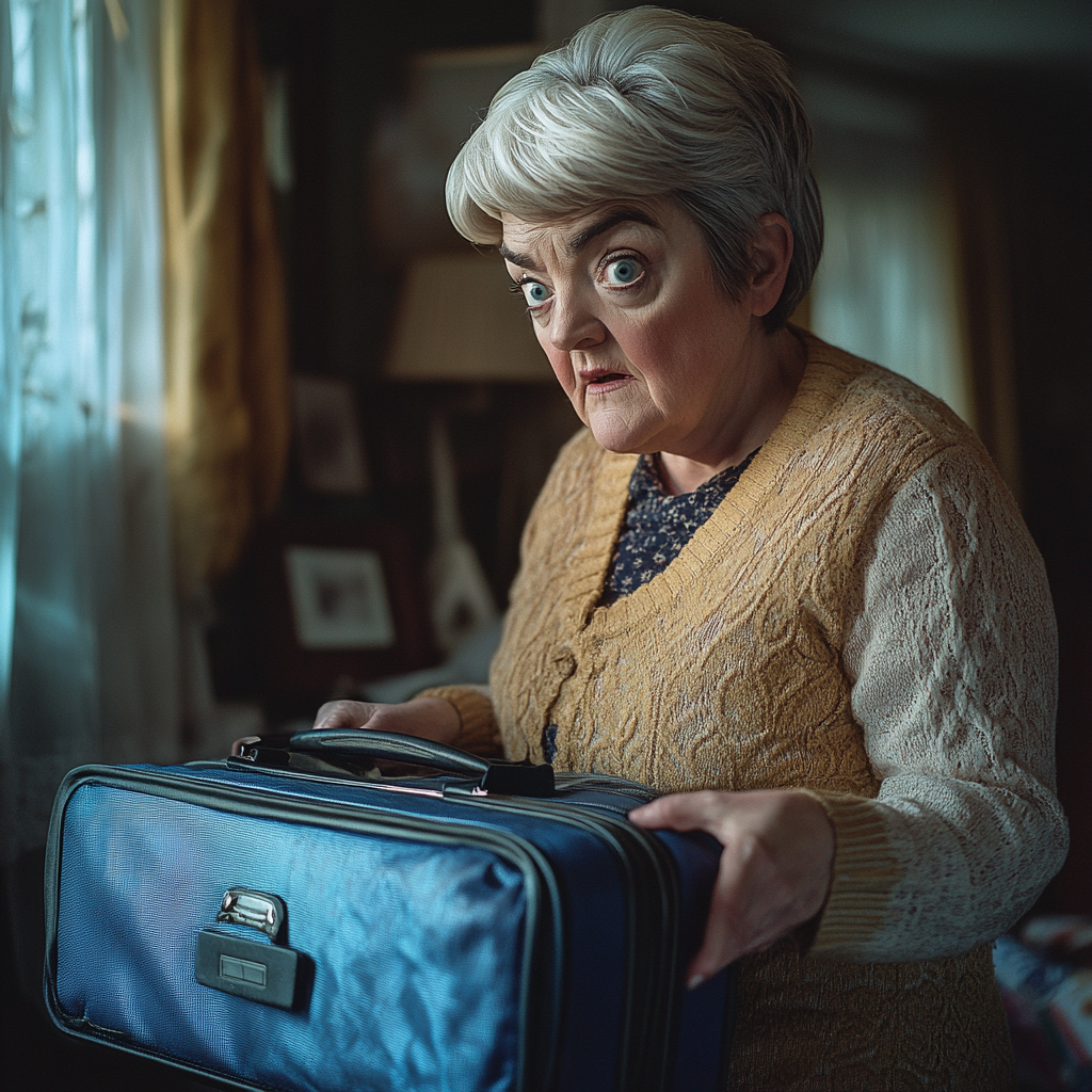 Une femme inquiète fouillant dans une valise bleue | Source : Midjourney