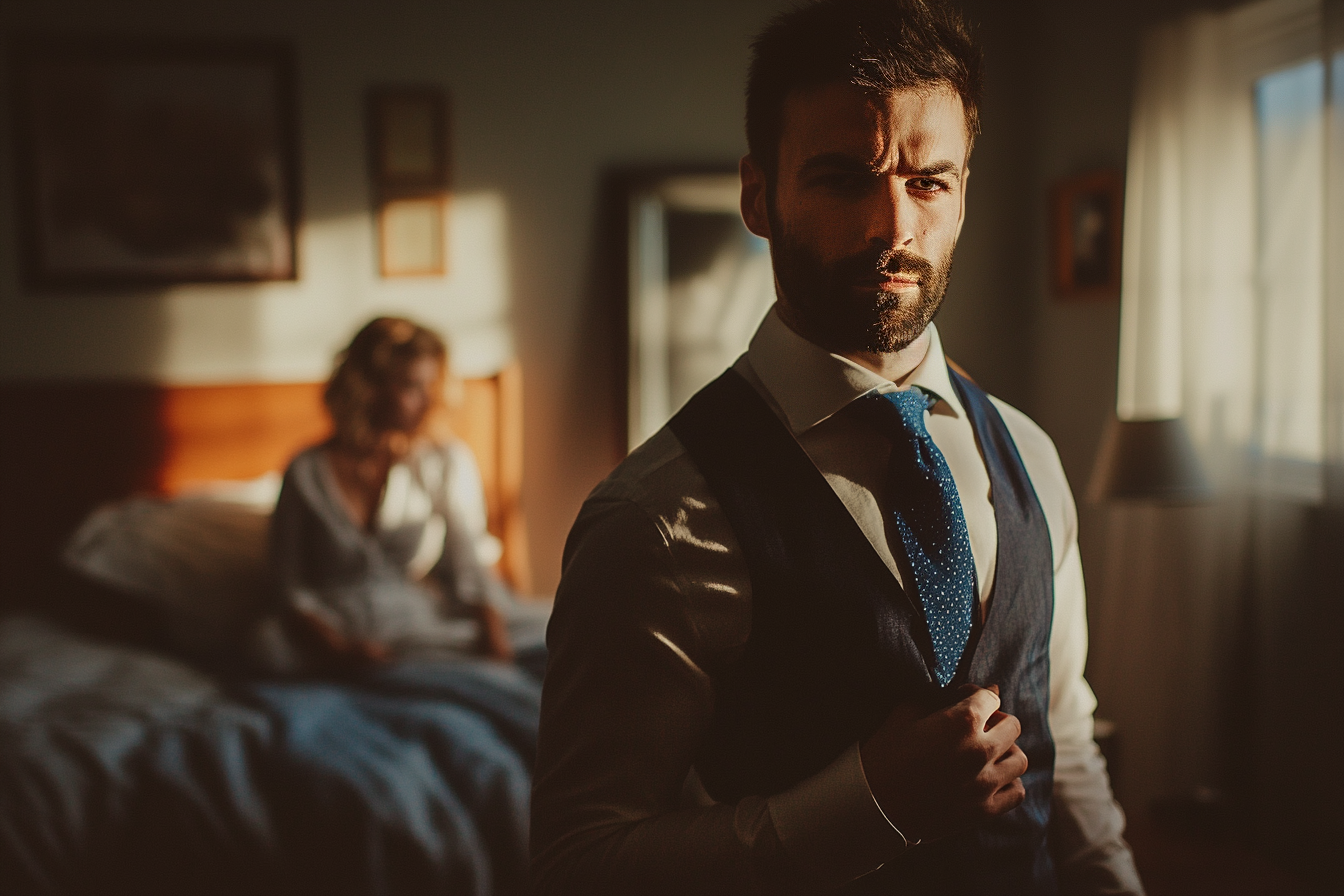 Un homme arrange ses vêtements pendant qu'une femme est assise sur le lit | Source : Midjourney