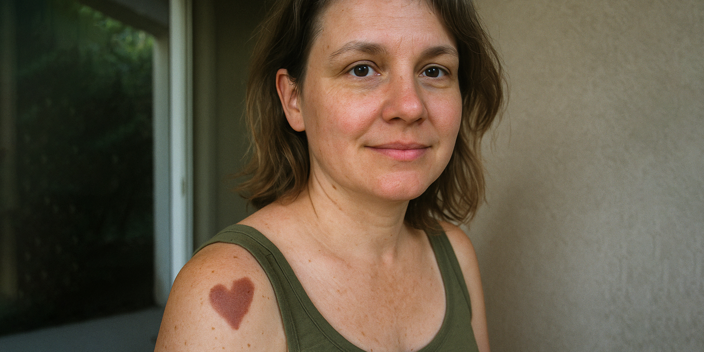 Femme avec une tache de naissance en forme de cœur sur l'épaule | Source : Sora