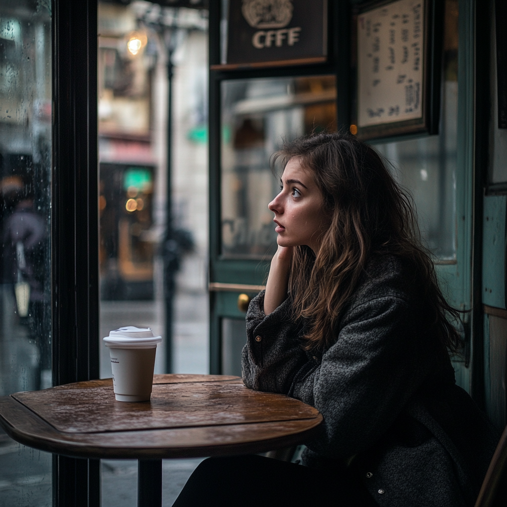 Une femme assise dans un café | Source : Midjourney