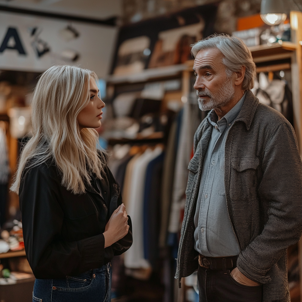 Une femme sérieuse qui parle à un propriétaire du magasin | Source : Midjourney