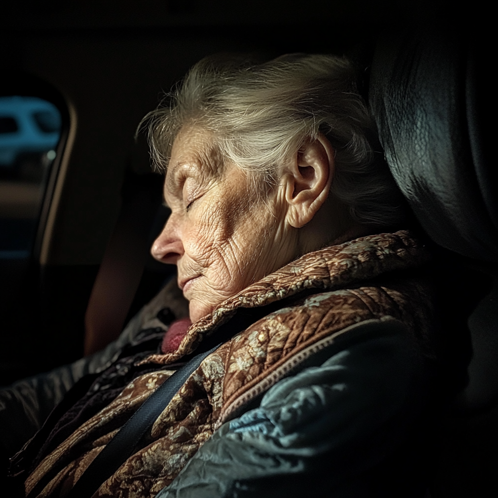 Une vieille femme qui dort dans sa voiture | Source : Midjourney