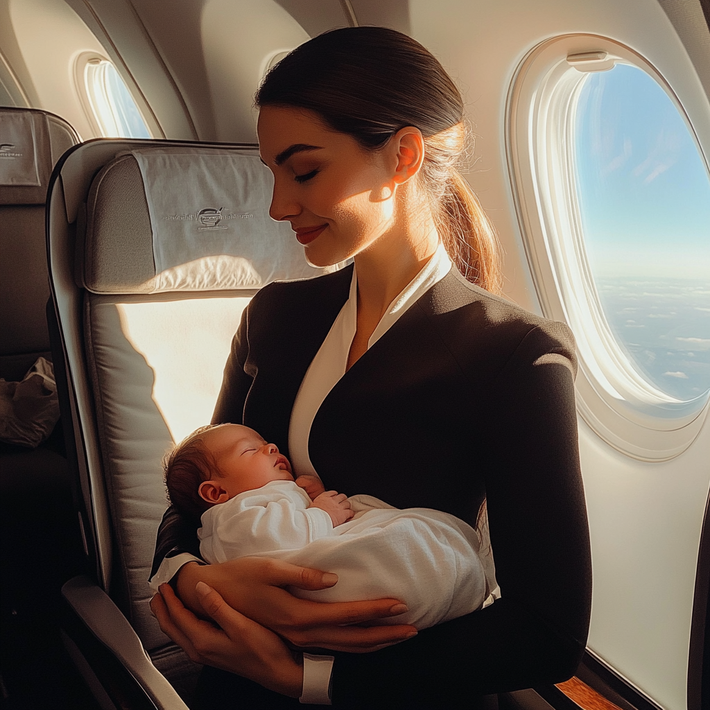 Une hôtesse de l'air tenant un bébé | Source : Midjourney