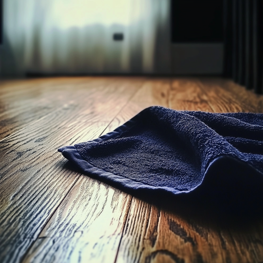 Le coin d'une serviette marine sur le sol | Source : Midjourney