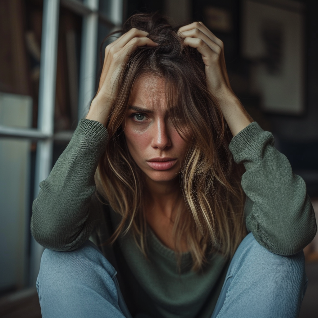 Une femme avec les mains sur la tête en signe de frustration | Source : Midjourney