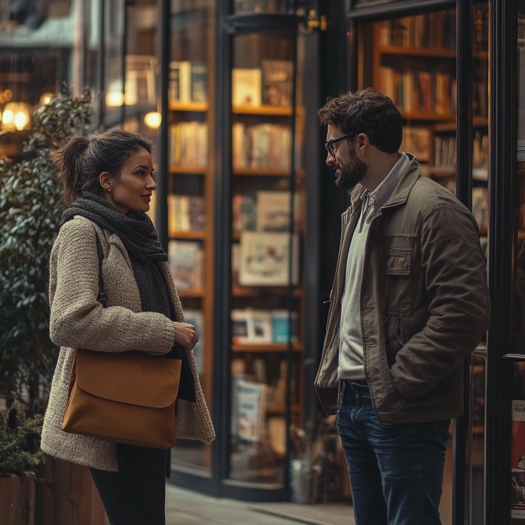 Une femme s'adressant à un homme à l'air méchant à l'extérieur d'une librairie | Source : Midjourney