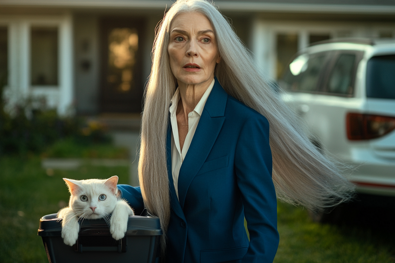 Une femme âgée qui se dépêche, portant un chat dans un panier | Source : Midjourney