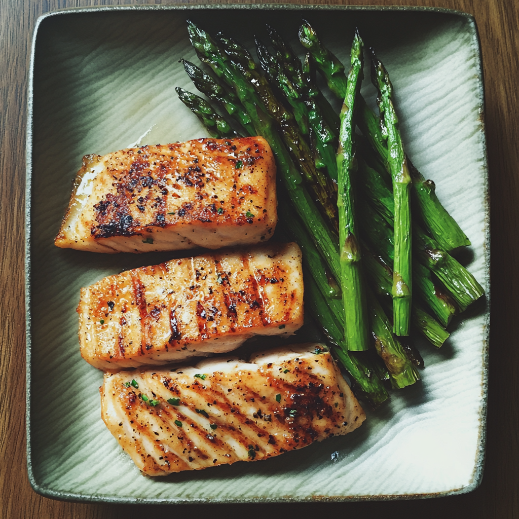 Poisson grillé et asperges dans une assiette | Source : Midjourney