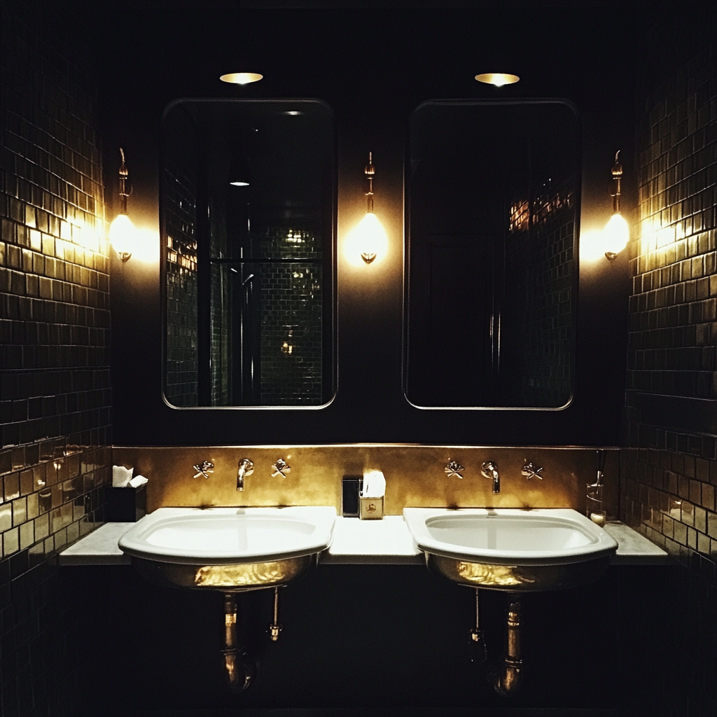 Une salle de bain de restaurant noir et or | Source : Midjourney