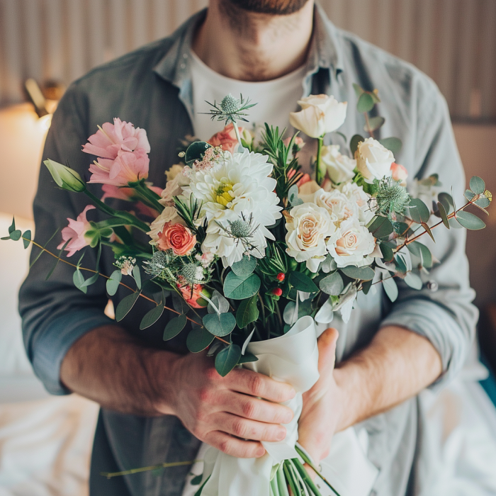 Gros plan sur un homme tenant un bouquet de fleurs | Source : Midjourney